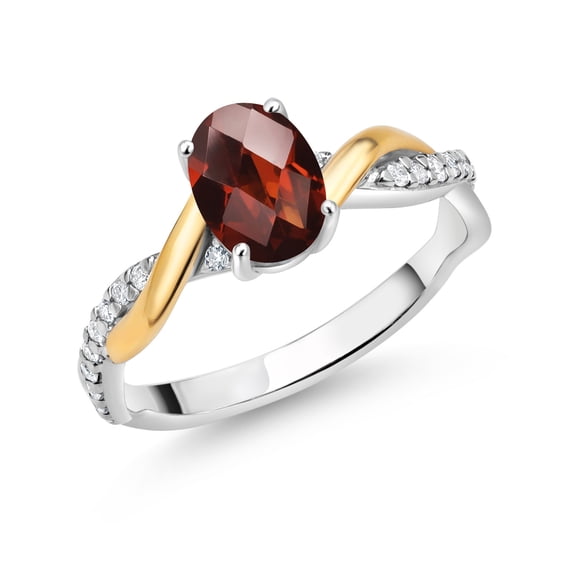 Gem Stone King 2 Tone 10K Yellow Gold and 925 Sterling Silver Red Garnet and White Lab Grown Diamond Twisted Interwoven Ring for Women (1.11 Cttw, Available in Size 5,6,7,8,9)