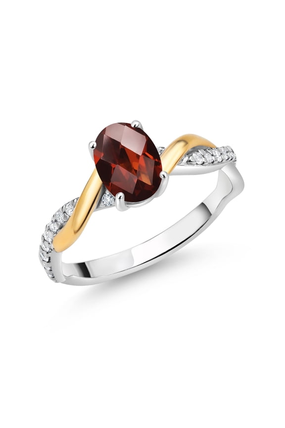 2 Tone 10K Yellow Gold and 925 Sterling Silver Red Garnet and White Lab Grown Diamond Twisted Interwoven Ring for Women (1.11 Cttw, Available in Size 5,6,7,8,9)