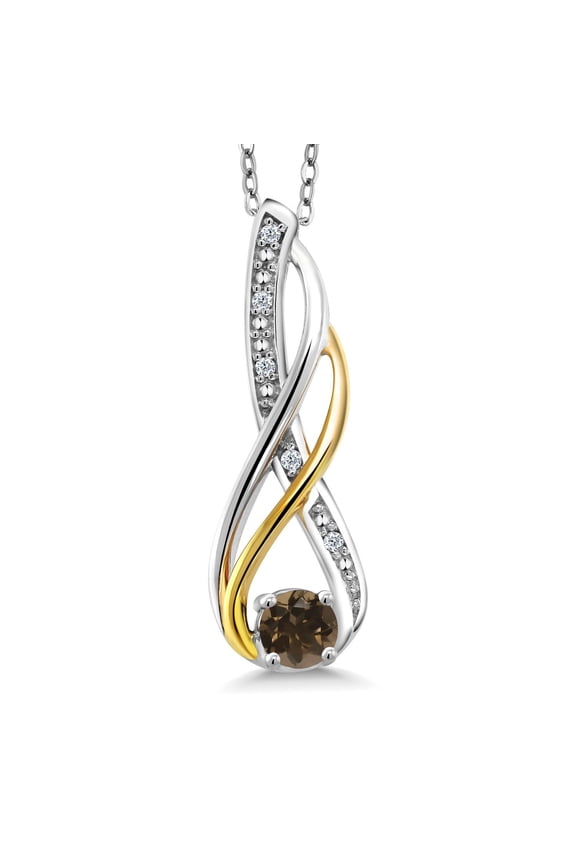2 Tone 10K Yellow Gold and 925 Sterling Silver Round Brown Smoky Quartz and Diamond Infinity Pendant Necklace for Women (0.30 Cttw, with 18 inch Chain)
