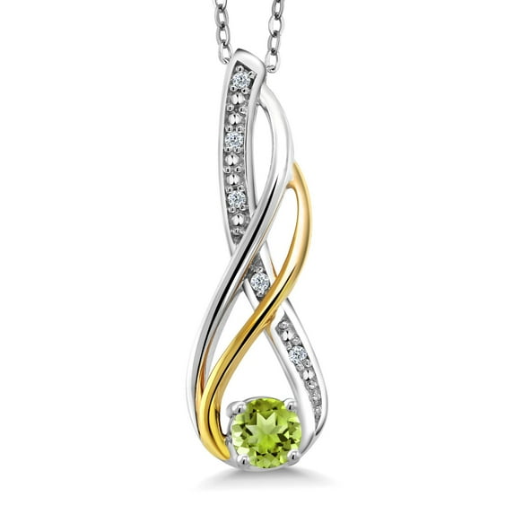 Gem Stone King 2-Tone 10K Yellow Gold And 925 Sterling Silver Round Green Peridot and Diamond Infinity Pendant Necklace for Women (0.34 Cttw, with 18 inch Chain)