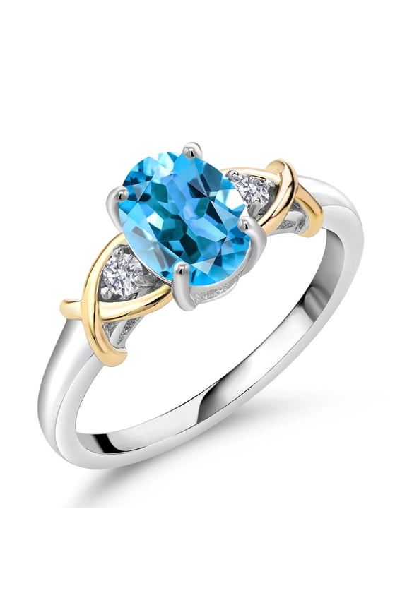 2 Tone 10K Yellow Gold and 925 Sterling Silver Swiss Blue Topaz and Lab Grown Diamond Ring for Women (1.58 Cttw, Gemstone Birthstone, Available in Size 5, 6, 7, 8, 9)