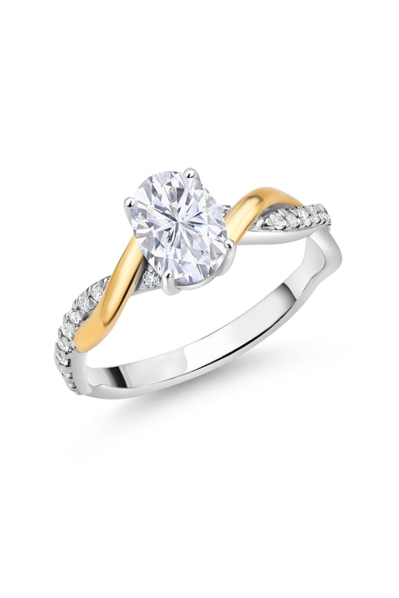2 Tone 10K Yellow Gold and 925 Sterling Silver White Moissanite and White Lab Grown Diamond Twisted Interwoven Ring for Women (1.01 Cttw, Available in Size 5,6,7,8,9)