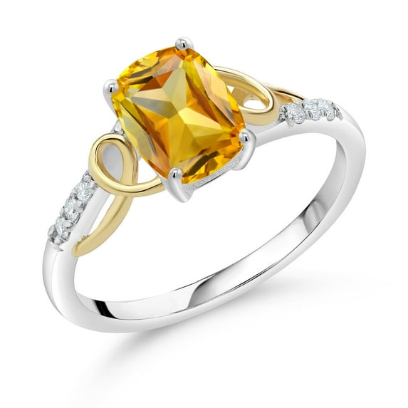 Gem Stone King 2 Tone 10K Yellow Gold and 925 Sterling Silver Yellow Citrine and White E-F Lab Grown Diamond Women Ring (1.36 Cttw, Available in Size 5,6,7,8,9)