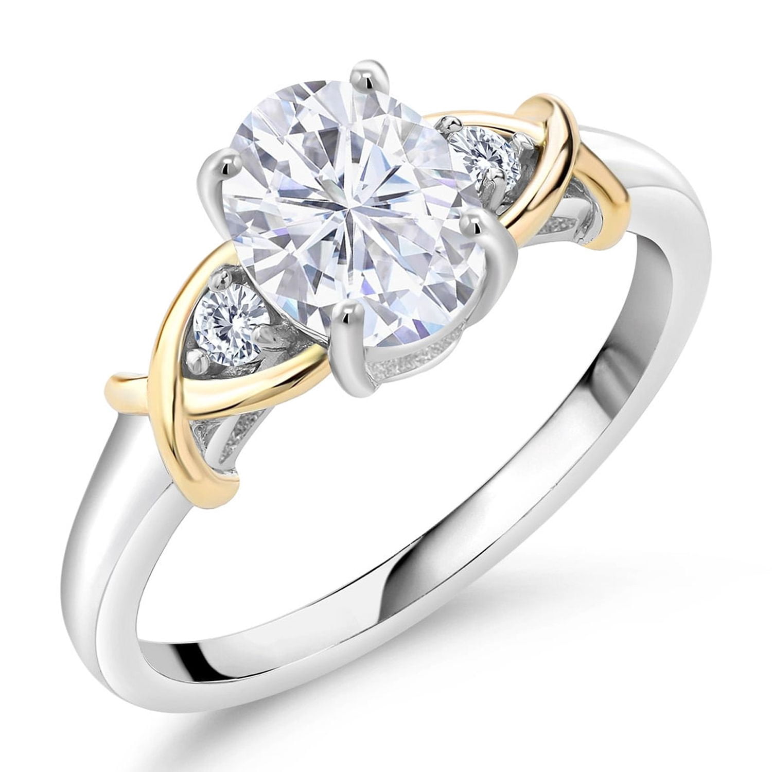 Gem Stone King 2 Tone 10K Yellow Gold and 925 Sterling Silver Moissanite and Lab Grown Diamond Ring | 1.58 Cttw | Available in Size 5, 6, 7, 8, 9