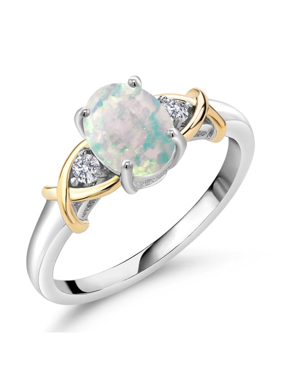 2 Tone 10K Yellow Gold and 925 Sterling Silver Oval Cabochon White Simulated Opal and Lab Grown Diamond Women Ring 1.08 Cttw (Size 7)
