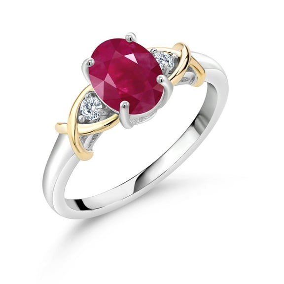 Gem Stone King 2 Tone 10K Yellow Gold and 925 Sterling Silver Oval Red Ruby and Lab Grown Diamond Women Ring | 1.68 Cttw | Size 7