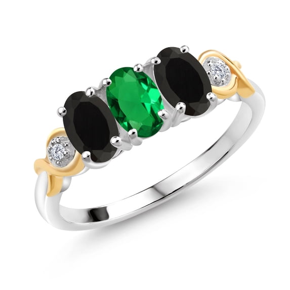 Gem Stone King 2 Tone 925 Silver and 10K Yellow Gold Oval Green Nano Emerald and Black Onyx Ring for Women (1.22 Cttw, Gemstone Birthstone, Size 8)