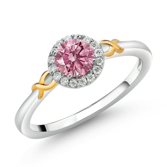 Gem Stone King 2 Tone 925 Silver 10K Yellow Gold Pink and White Lab Grown Diamond Solitaire Engagement Ring for Women (0.61 Cttw, Round 5MM, Gemstone April Birthstone, Size 7)