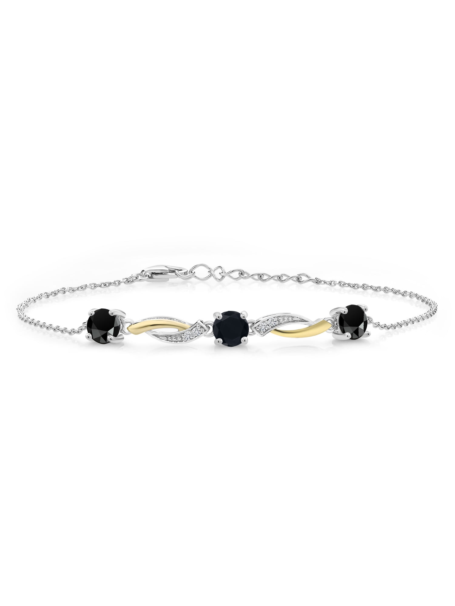 Gem Stone King 2 Tone 925 Sterling Silver and 10K Yellow Gold Black Onyx and White Lab Grown Diamond Tennis Bracelet For Women 1.47 Cttw Gemstone