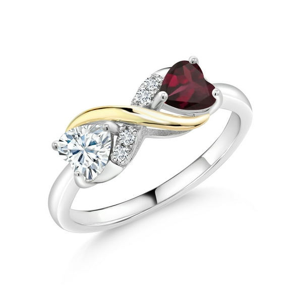 Gem Stone King 2 Tone 925 Sterling Silver and 10K Yellow Gold Red Rhodolite Garnet and White Moissanite Heart Shape Ring for Women (1.01 Cttw, Gemstone Birthstone, Available in Size 5, 6, 7, 8, 9)