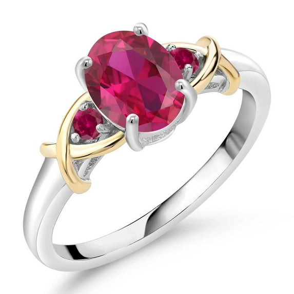 Gem Stone King 1.45 Cttw Oval Red Created Ruby Ring for Women | 2 Tone 925 Sterling Silver and 10K Yellow Gold | Wedding Engagement Anniversary Promise Ring for Women | Size 6