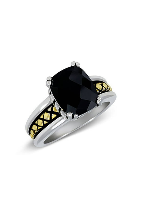 2-Tone Ring With Big 11x9mm Black Onyx Color Cubic Zirconia Square