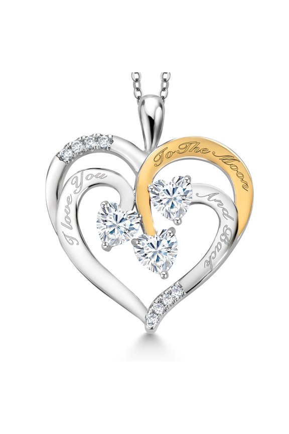 2 Tone White Moissanite `I love you to the moon and back` Engraved 3 Stone Pendant Necklace for Women (1.26 Cttw, Heart Shape 5MM, with 18 inch Chain)