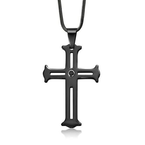 Gem Stone King 2 inch Scratch-Proof Tungsten Carbide Cutout Cross Diamond Pendant Necklace with Black IP Plating on 2mm Black Snake Chain