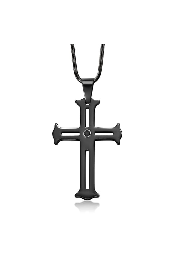 2 inch Scratch-Proof Tungsten Carbide Cutout Cross Diamond Pendant Necklace with Black IP Plating on 2mm Black Snake Chain
