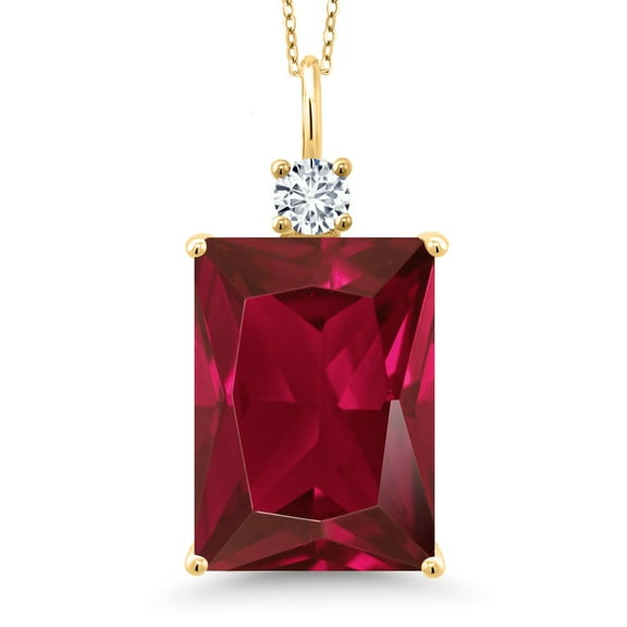 Gem Stone King 20.27 Cttw Red Created Ruby and White Lab Grown Diamond Pendant Necklace for Women in 18K Yellow Gold Plated Silver | Emerald Cut 18X13MM | With 18 inch Silver Chain