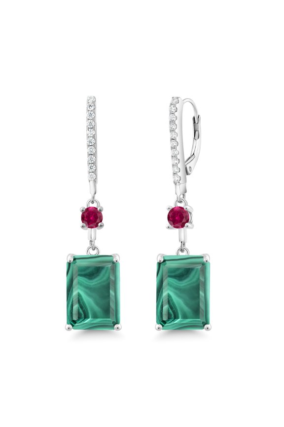 20.80 Ct Emerald Cut Green Malachite Red Created Ruby 925 Sterling Silver Earrings