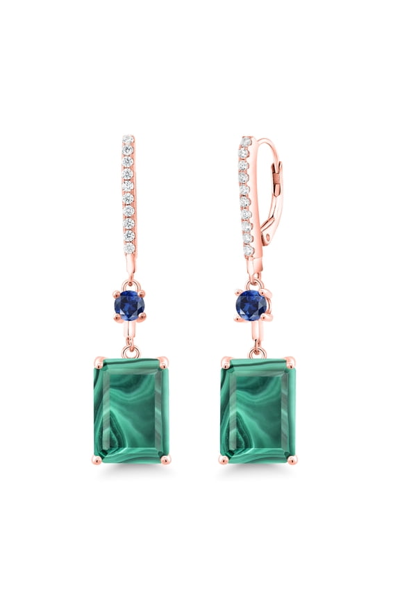 20.80 Ct Green Malachite Blue Created Sapphire 18K Rose Gold Plated Silver Earrings