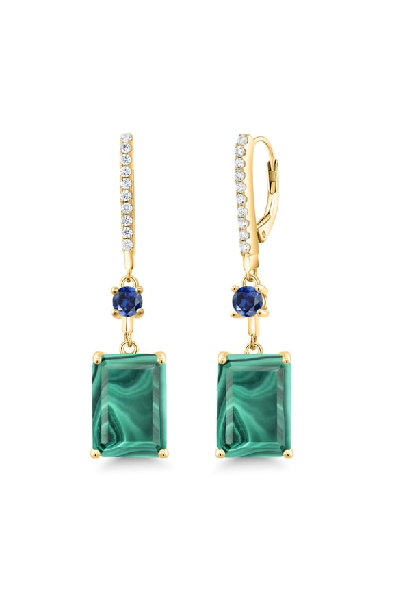 20.80 Ct Green Malachite Blue Created Sapphire 18K Yellow Gold Plated Silver Earrings