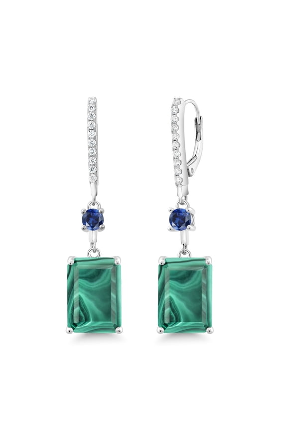 20.80 Ct Green Malachite Blue Created Sapphire 925 Sterling Silver Earrings