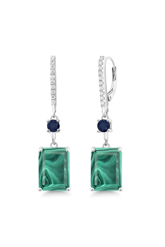 21.00 Ct Emerald Cut Green Malachite Blue Sapphire 925 Sterling Silver Earrings
