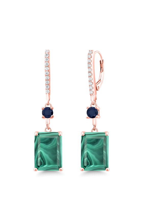 21.00 Ct Green Malachite Blue Sapphire 18K Rose Gold Plated Silver Earrings