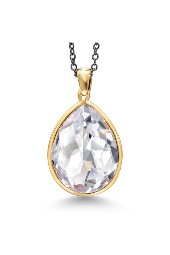 23MM White Clear Zirconia CZ Yellow Bezel Pendant Necklace with 16 inch Chain + 3 inch Extension