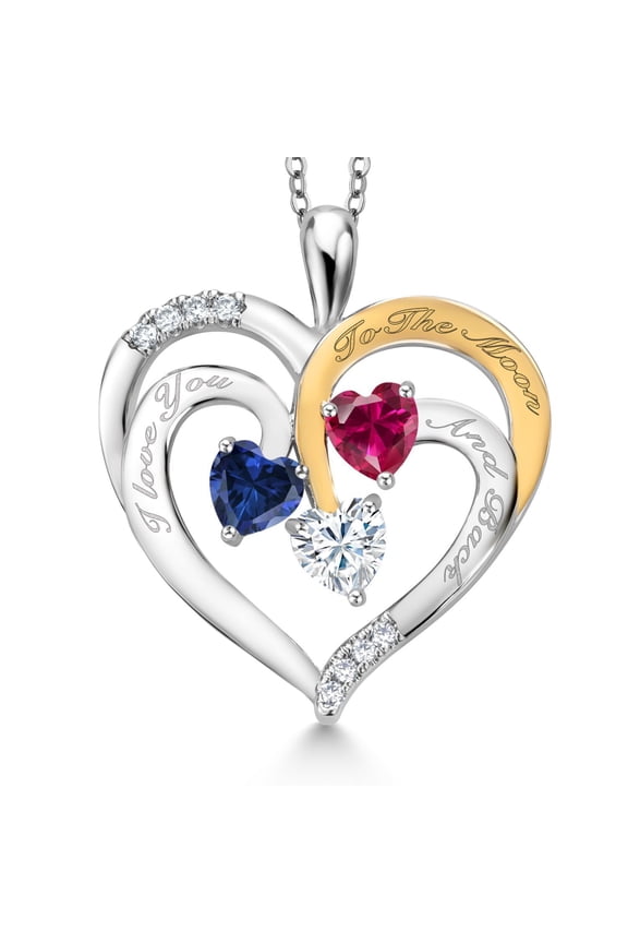 2Tone Blue Created Sapphire Red Created Ruby and White Moissanite `I love you to the moon and back` Engraved Pendant Necklace for Women (1.52 Cttw, Heart Shape 5MM, 18 inch Chain)