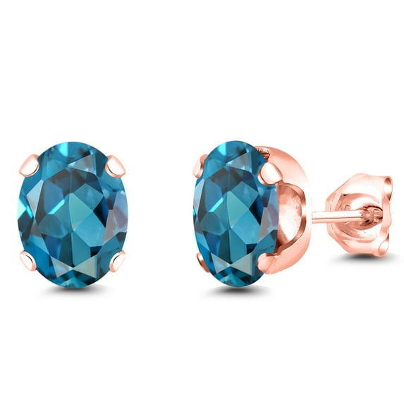 Gem Stone King 18K Rose Gold Plated Silver London Blue Topaz Stud Earrings for Women Men | 3.00 Cttw | Gemstone November Birthstone | Oval 8X6MM