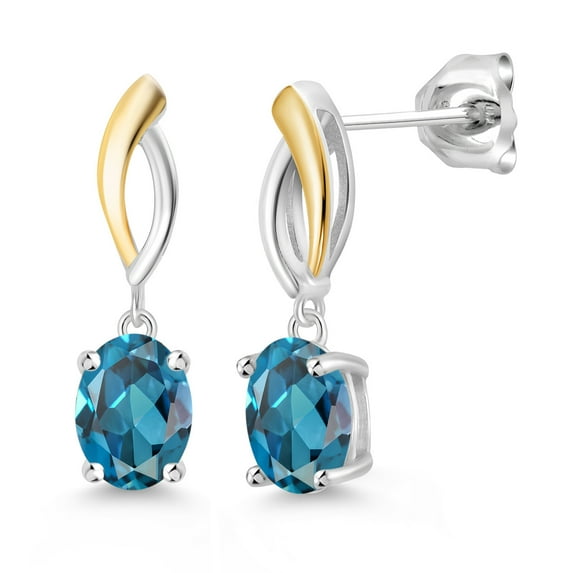 Gem Stone King 3.00 Ct Oval 8x6mm London Blue Topaz 925 Silver and 10K Yellow Gold Dangle Earrings