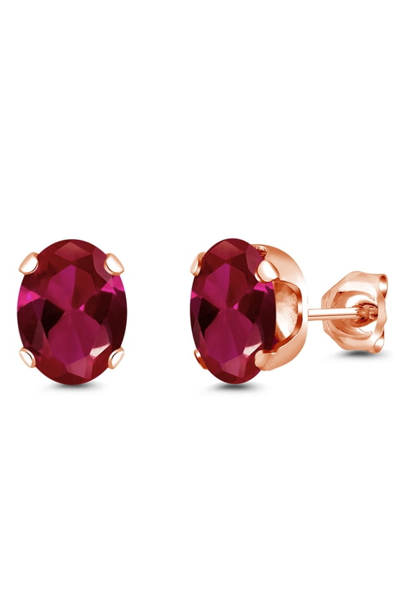 18K Rose Gold Plated Silver Red Created Ruby Stud Earrings for Women Men | 3.00 Cttw | Gemstone July Birthstone | Oval 8X6MM