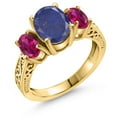thumbnail image 1 of Gem Stone King 3.00 Ct Oval Blue Lapis Red Created Ruby 18K Yellow Gold Plated Silver Ring (Size 9), 1 of 6