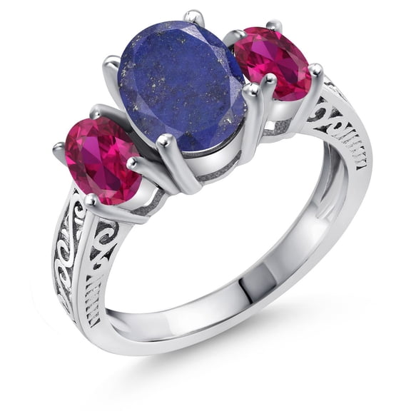 Gem Stone King 3.00 Ct Oval Blue Lapis Red Created Ruby 925 Sterling Silver Ring (Size 9)