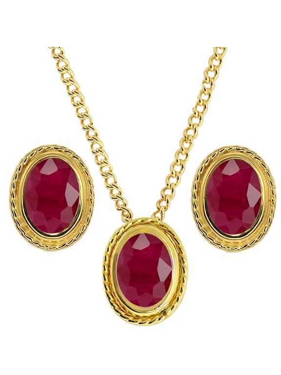 3.00 Ct Oval Red Ruby 18K Yellow Gold Plated Silver Pendant and Earrings Jewelry Set