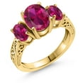 thumbnail image 1 of Gem Stone King 3.00 Ct Oval Red VS Created Ruby 18K Yellow Gold Plated Silver 3-Stone Ring, 1 of 6