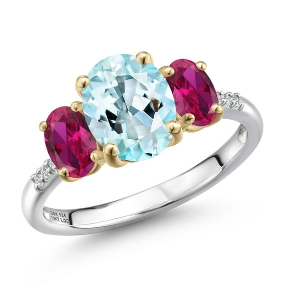 Gem Stone King 925 Silver and 10K Yellow Gold Sky Blue Topaz and Red Created Ruby and Lab Grown Diamond Engagement Ring for Women | 3.06 Cttw | Oval 9X7MM | November Birthstone | Size 8