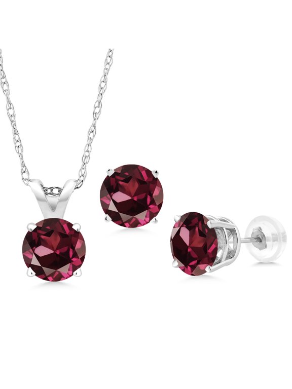 3.00 Ct Red Rhodolite Garnet 14K White Gold Pendant and Earrings Jewelry Set With Chain