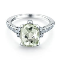 Gem Stone King 3.00 Cttw Green Prasiolite and White Created Sapphire Ring for Women | 925 Sterling Silver | Cushion Cut 10X8MM | Wedding Engagement Anniversary Promise Ring for Women | Size 5