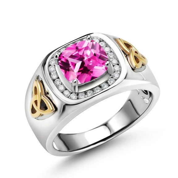 Gem Stone King 3.01 Ct Pink Created Sapphire Lab Grown Diamond 925 Silver and 10K Yellow Gold Men's Ring | Size 12