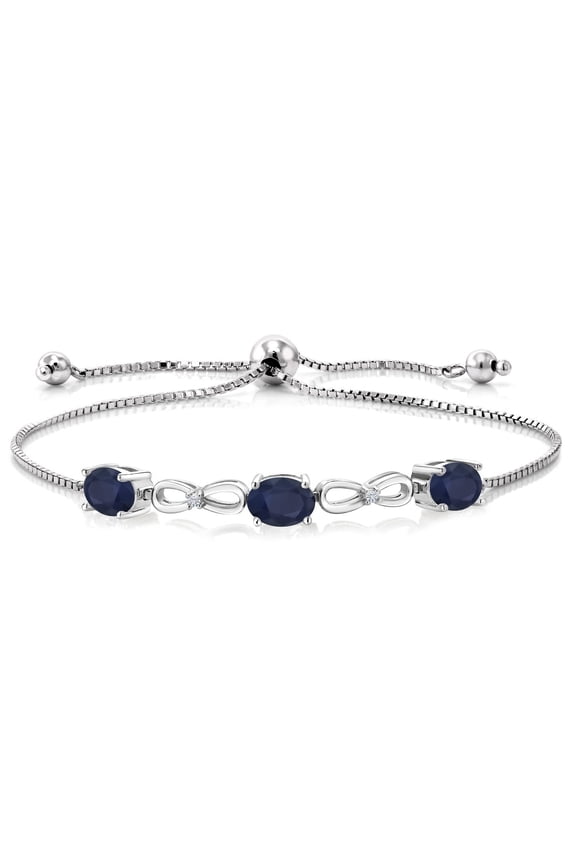 3.02 Cttw Oval Blue Sapphire and White Lab Grown Diamond 925 Sterling Silver Bracelet for Women | Oval 7X5MM | Adjustable Bolo Bracelet for Women | Easy-On Easy-Off