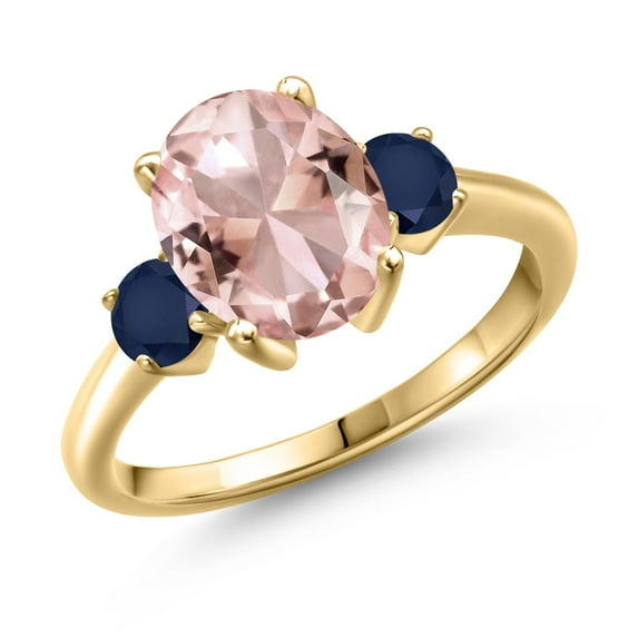 Gem Stone King 3.02 Ct Oval Peach Nano Morganite Blue Sapphire 18K Yellow Gold Plated Silver Ring