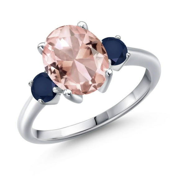 Gem Stone King 3.02 Ct Oval Peach Nano Morganite Blue Sapphire 925 Sterling Silver Ring