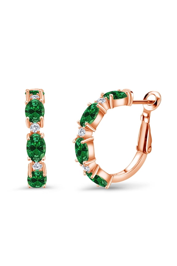 3.03 Ct Green Created Emerald G-H Lab Grown Diamond 18K Rose Gold Plated Silver Hoop Earrings