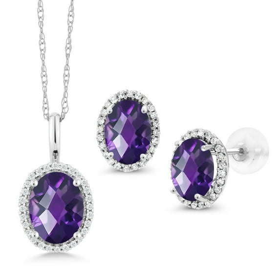 Gem Stone King 3.03 Ct Oval Checkerboard Purple Amethyst 10K White Gold Pendant and Earrings Jewelry Set
