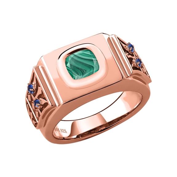 Gem Stone King 3.04 Ct Green Malachite Blue Created Sapphire 18K Rose Gold Plated Silver Men's Ring (Size 11)