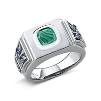 Gem Stone King 3.04 Ct Green Malachite Blue Created Sapphire 925 Sterling Silver Men's Ring (Size 11)
