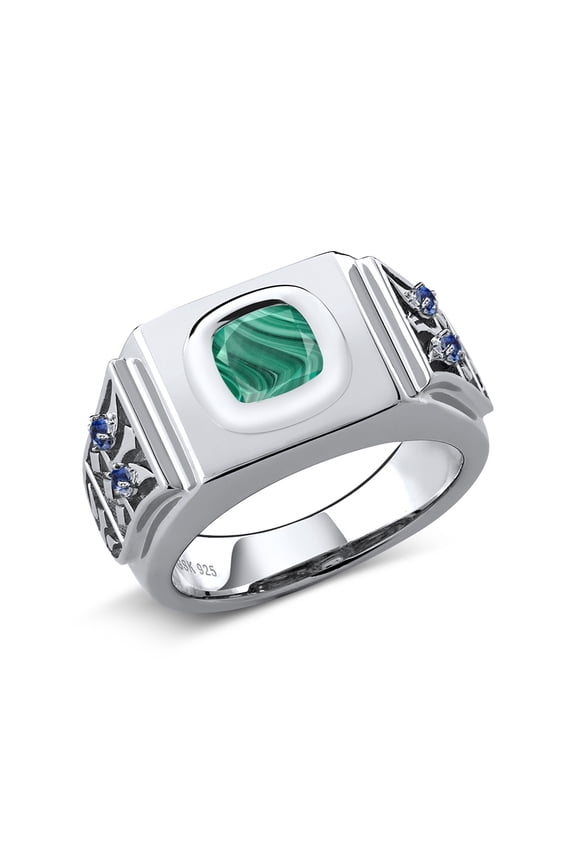 3.04 Ct Green Malachite Blue Created Sapphire 925 Sterling Silver Men's Ring (Size 9)