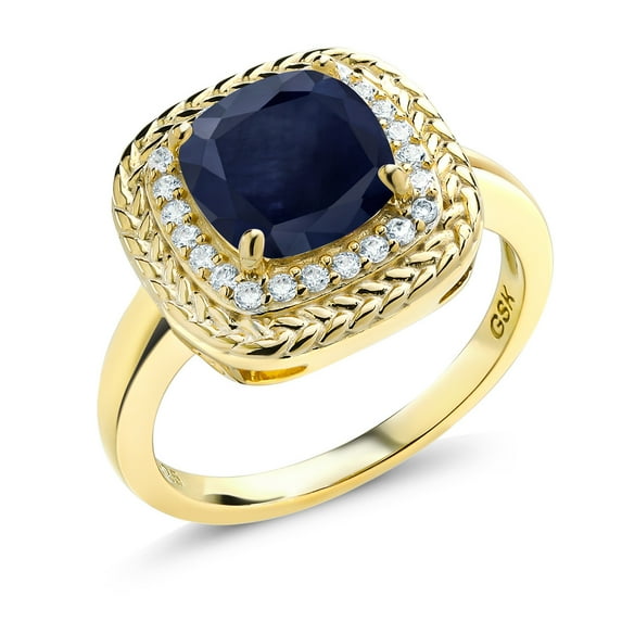 Gem Stone King 3.06 Ct Cushion Blue Sapphire 18K Yellow Gold Plated Silver Ring