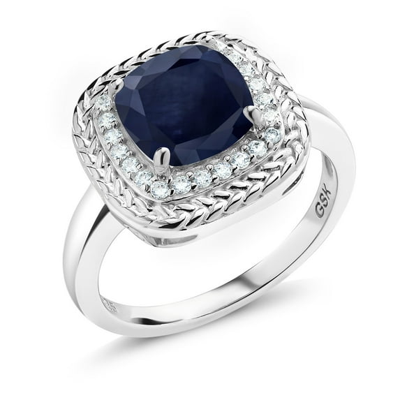 Gem Stone King 3.06 Ct Cushion Blue Sapphire 925 Sterling Silver Ring