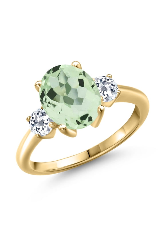 3.06 Ct Oval Green Prasiolite White Topaz 18K Yellow Gold Plated Silver Ring